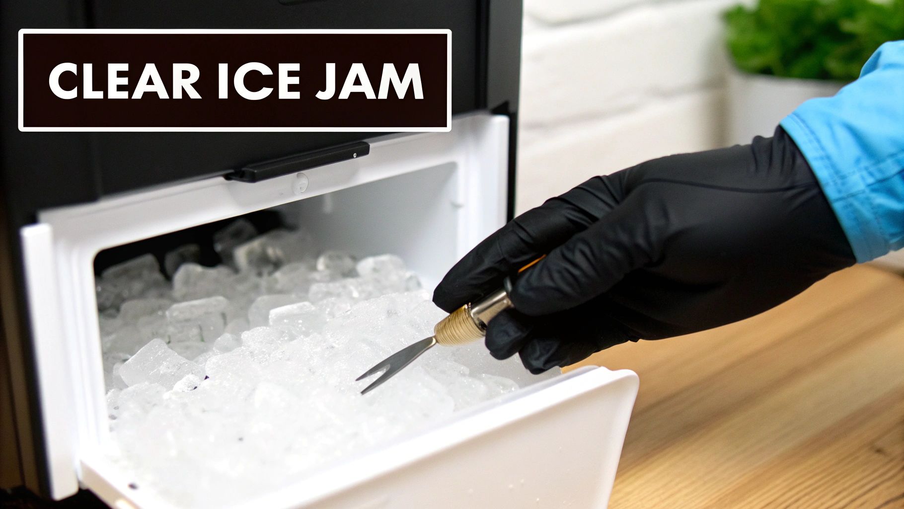 A person in a black glove uses a two-pronged tool to clear a clear ice jam from an ice maker.