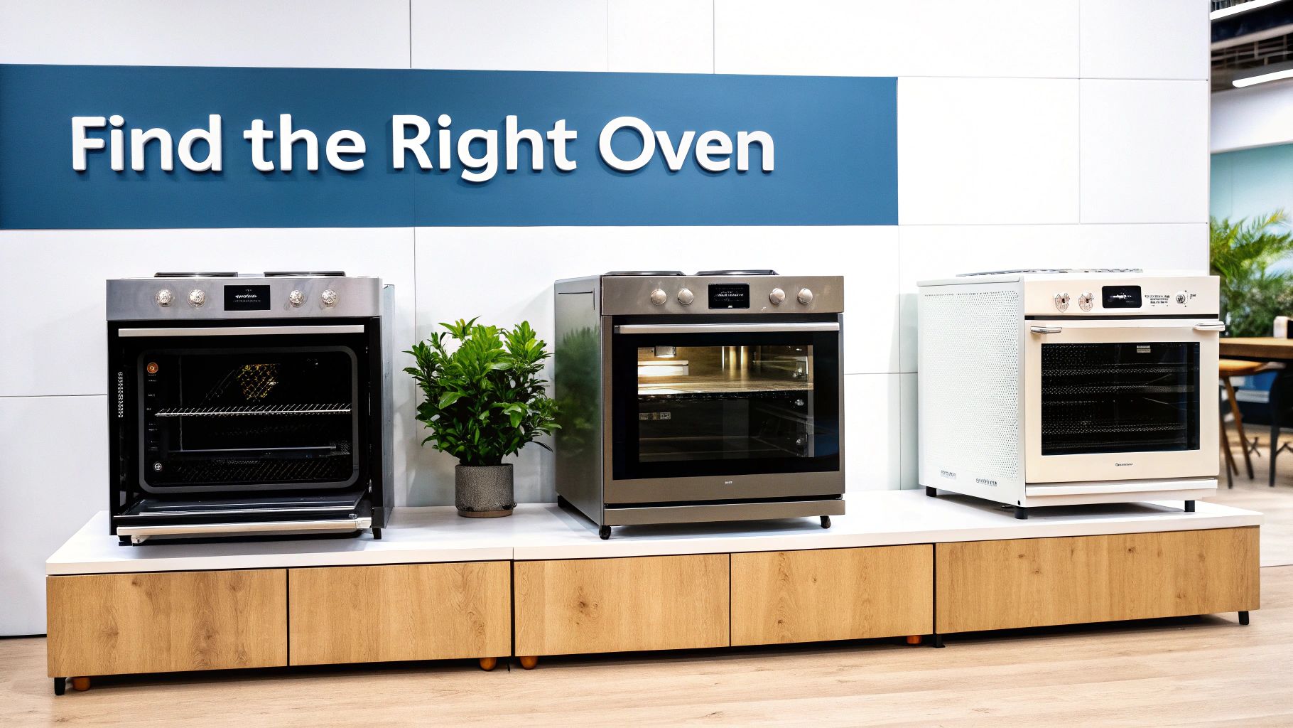 Three sleek, modern ovens displayed on a white counter with wooden cabinets under a 'Find the Right Oven' sign.