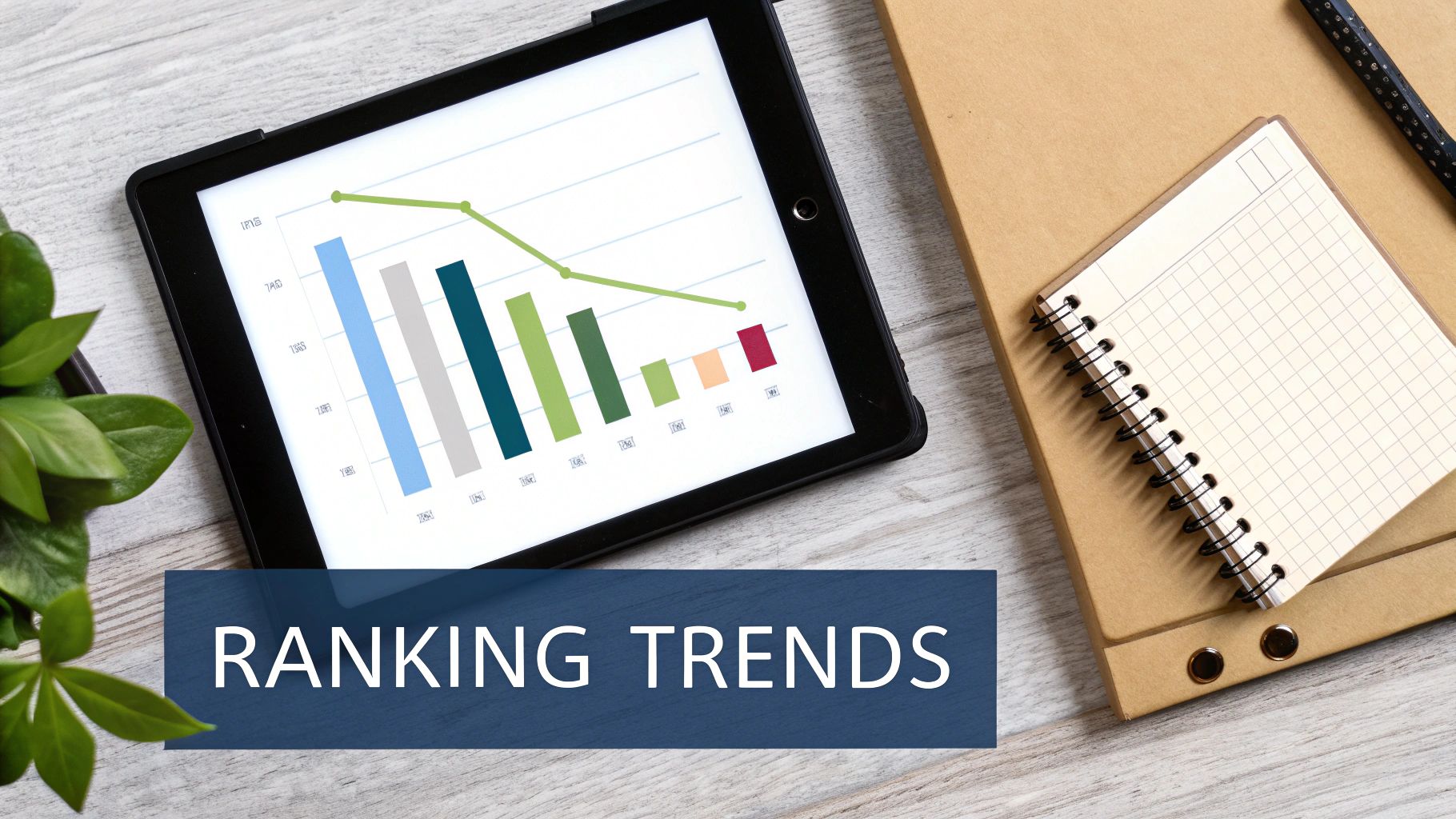 A tablet displays a ranking trends graph with a notepad, pen, and plant on a wooden desk, overlaid with 'RANKING TRENDS'.