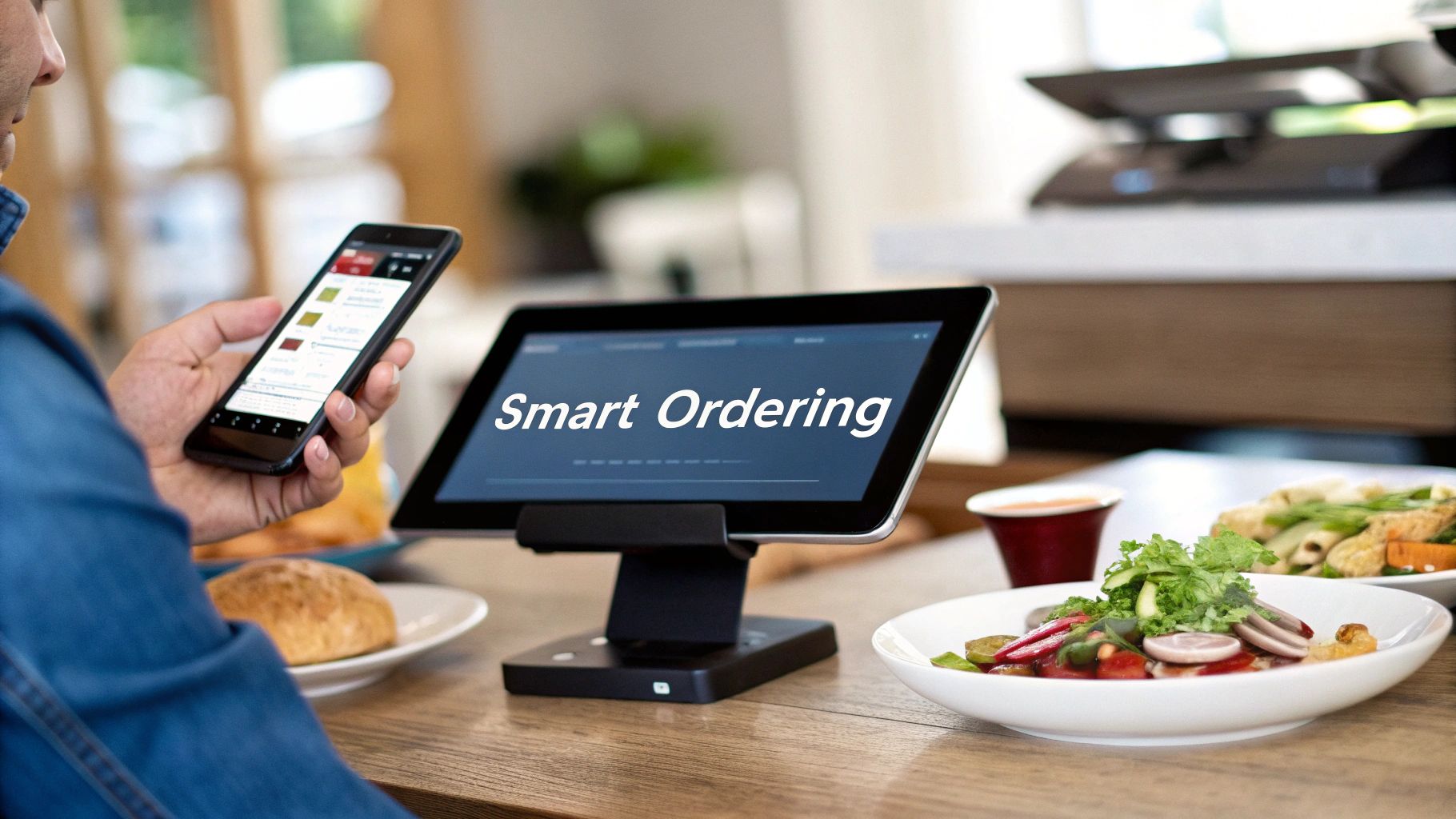 A smiling customer using a mobile phone to pay at a restaurant counter.