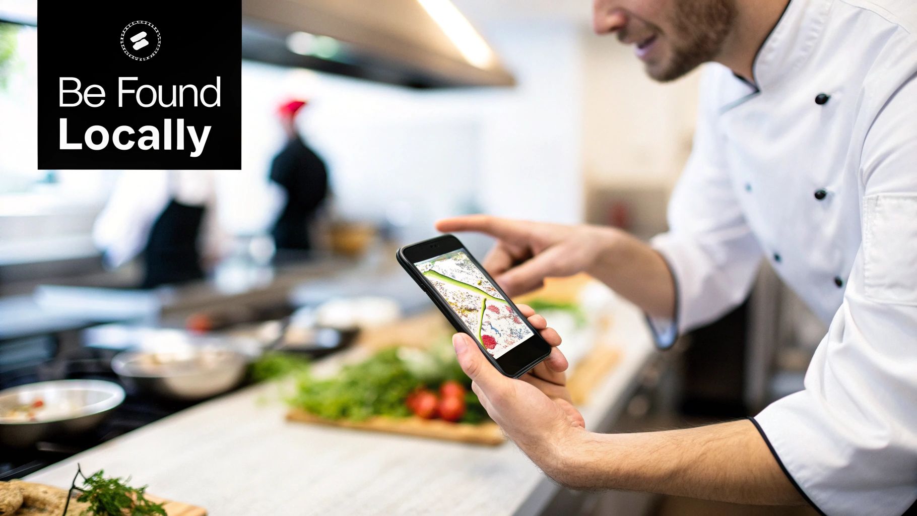 A chef in a professional kitchen uses a smartphone to manage or promote their local business.