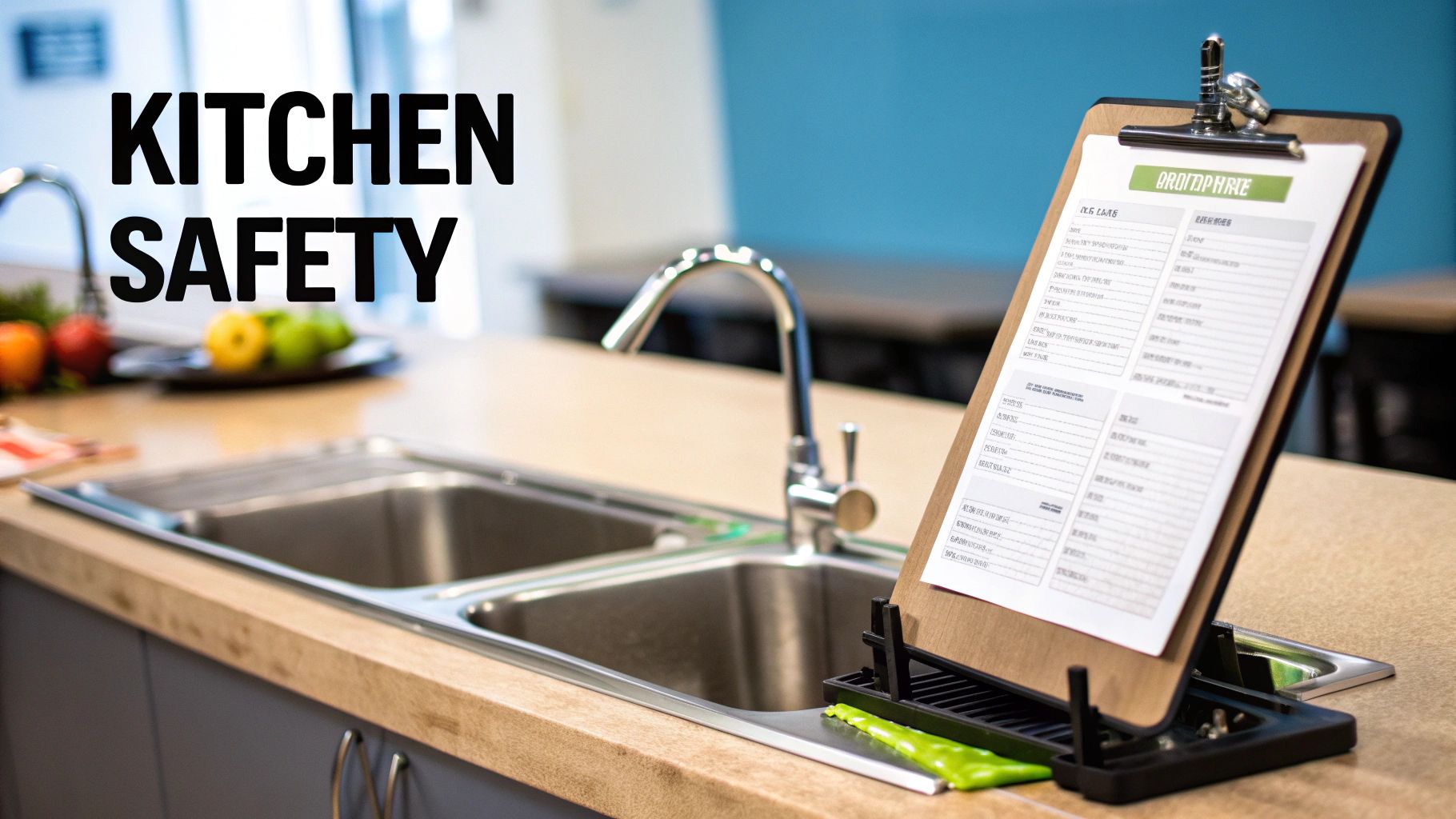 A clean kitchen counter with a double sink, faucet, and a clipboard displaying 'KITCHEN SAFETY' guidelines.