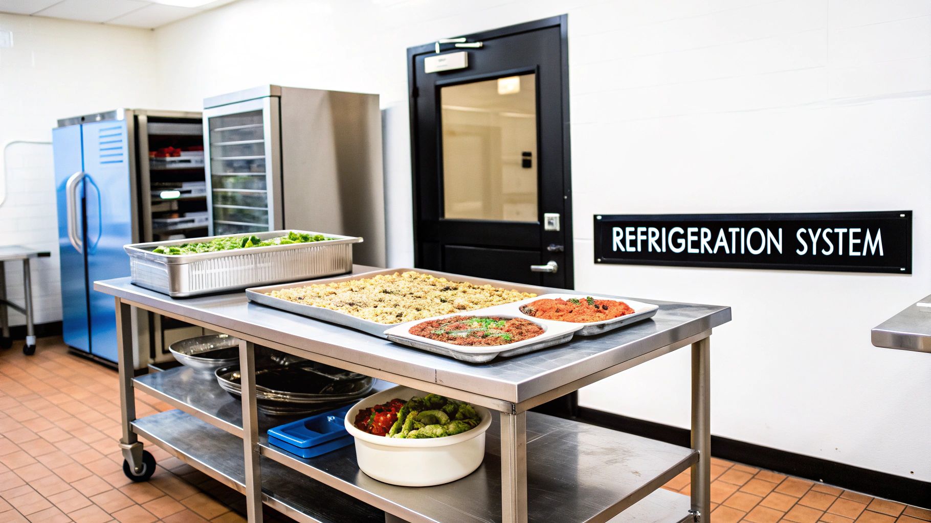 Prepared food trays, commercial refrigerators, and a 'REFRIGERATION SYSTEM' sign in a clean kitchen.