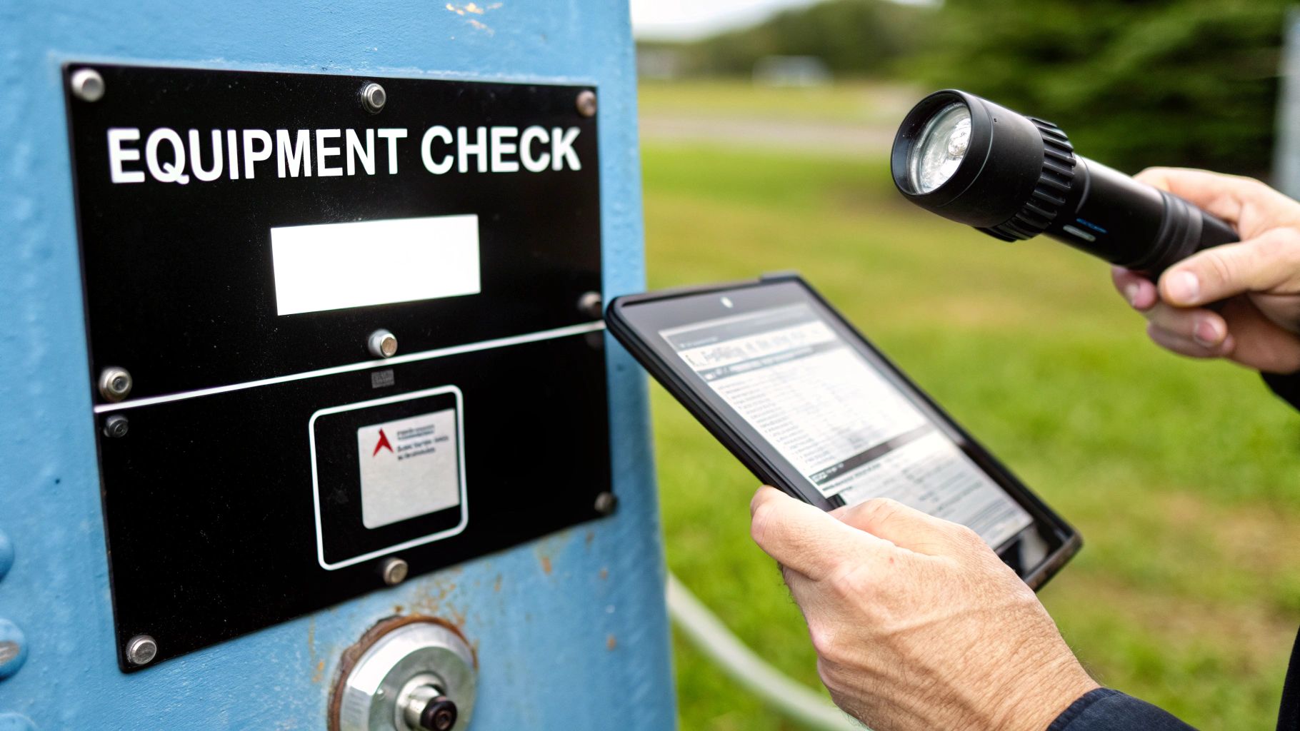 A person uses a tablet and flashlight to perform an equipment check on a blue panel outdoors.