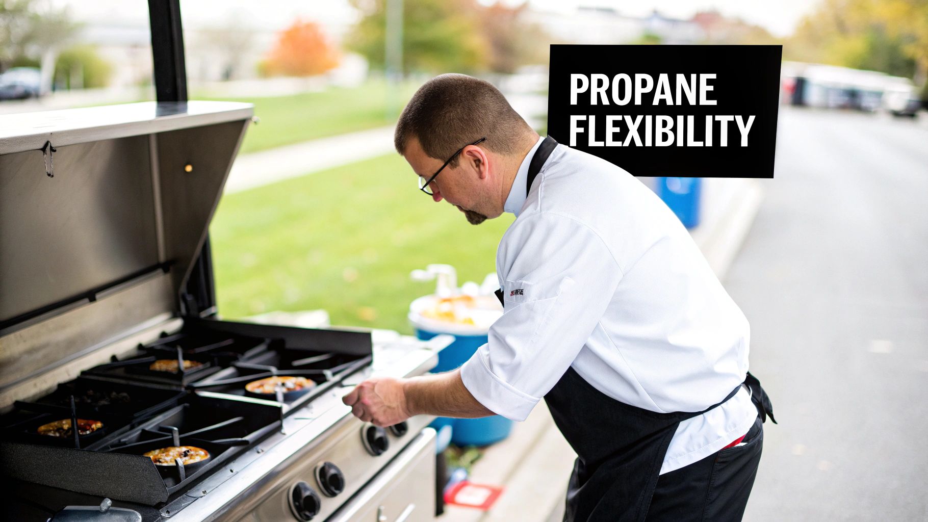 A male chef in a white jacket and black apron cooks on a stainless steel outdoor propane range, emphasizing flexibility.