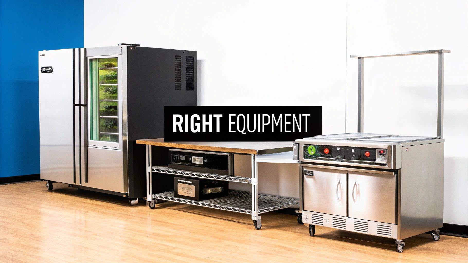 A display of modern stainless steel commercial kitchen equipment, including refrigerators and food warmers.