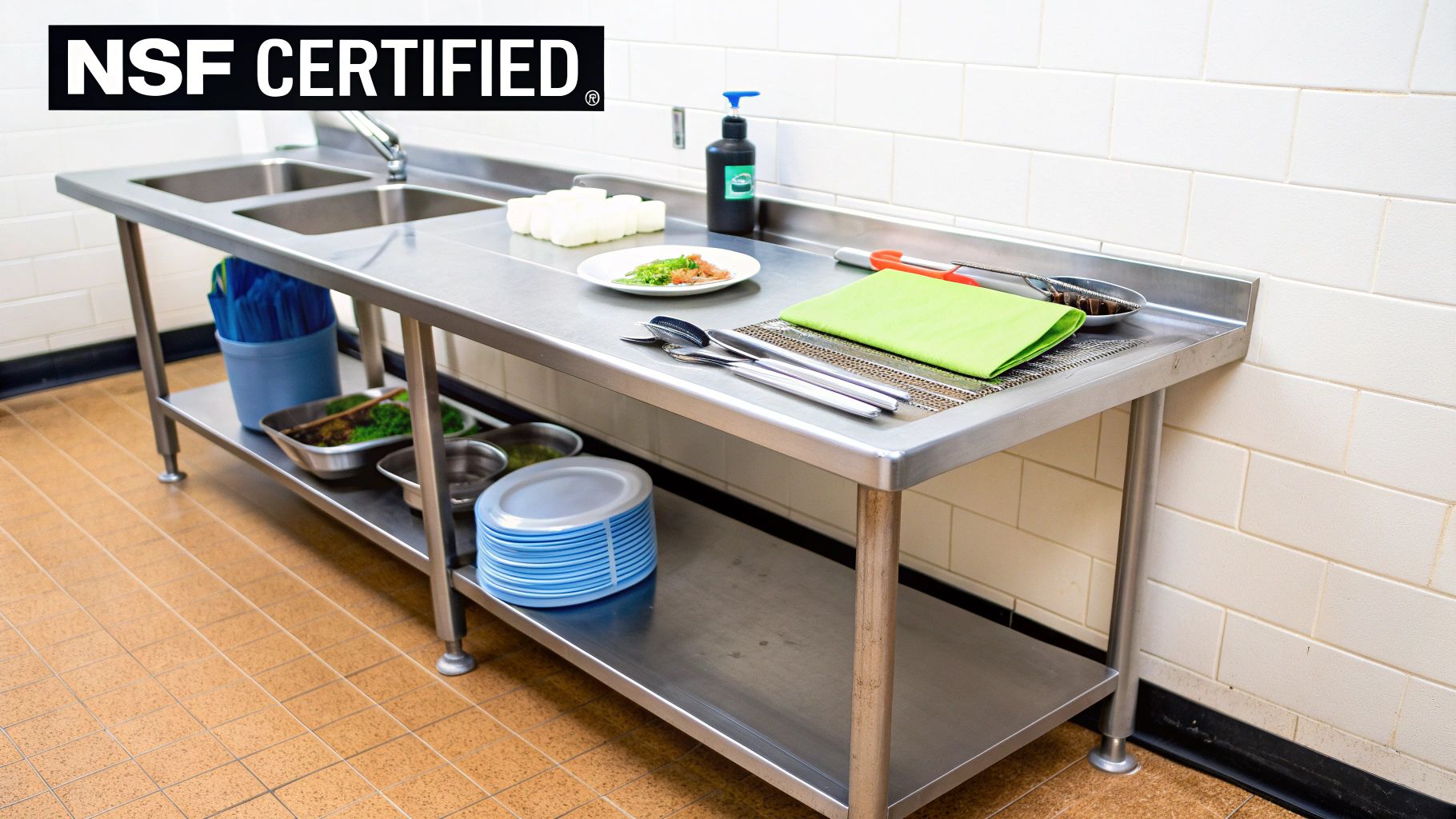 NSF certified stainless steel commercial kitchen work table with double sinks, food, and utensils.