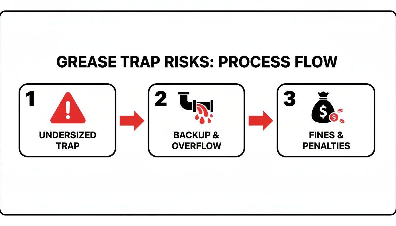 Flowchart showing grease trap risks: undersized trap leads to backup, overflow, and financial penalties.