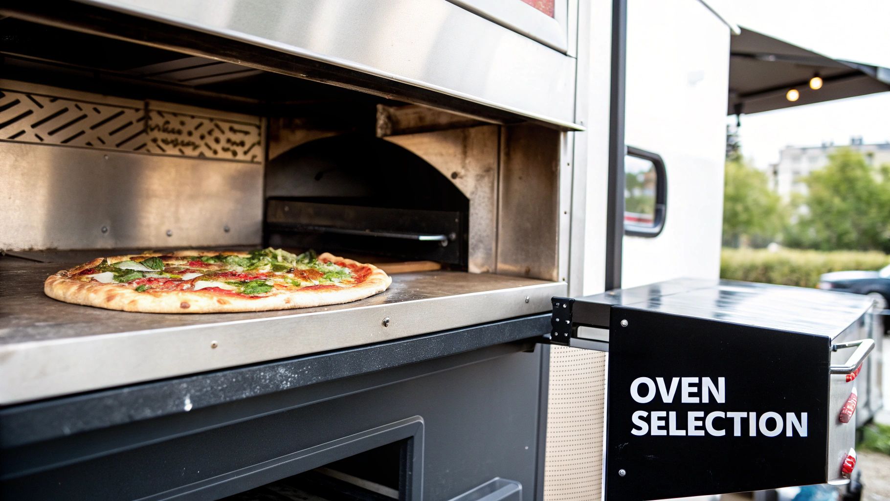 A chef placing a pizza into a large, built-in pizza oven inside a food truck