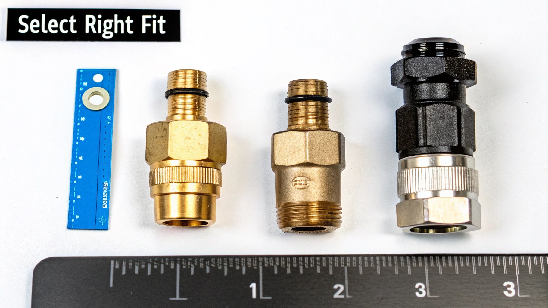 Three quick connect gas fittings of different materials and sizes displayed with rulers.
