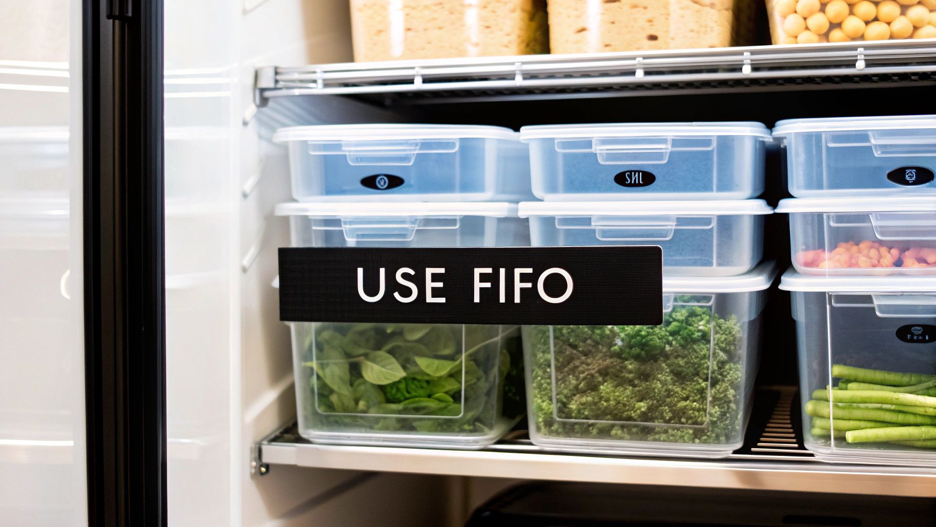 An organized refrigerator or freezer interior with clear food storage containers, and a sign reading 'USE FIFO'.