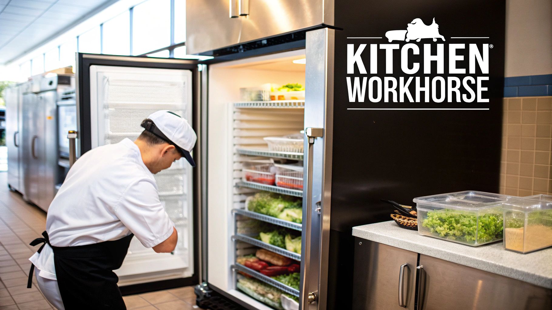 A chef organizes fresh ingredients inside a commercial reach-in refrigerator in a professional kitchen.