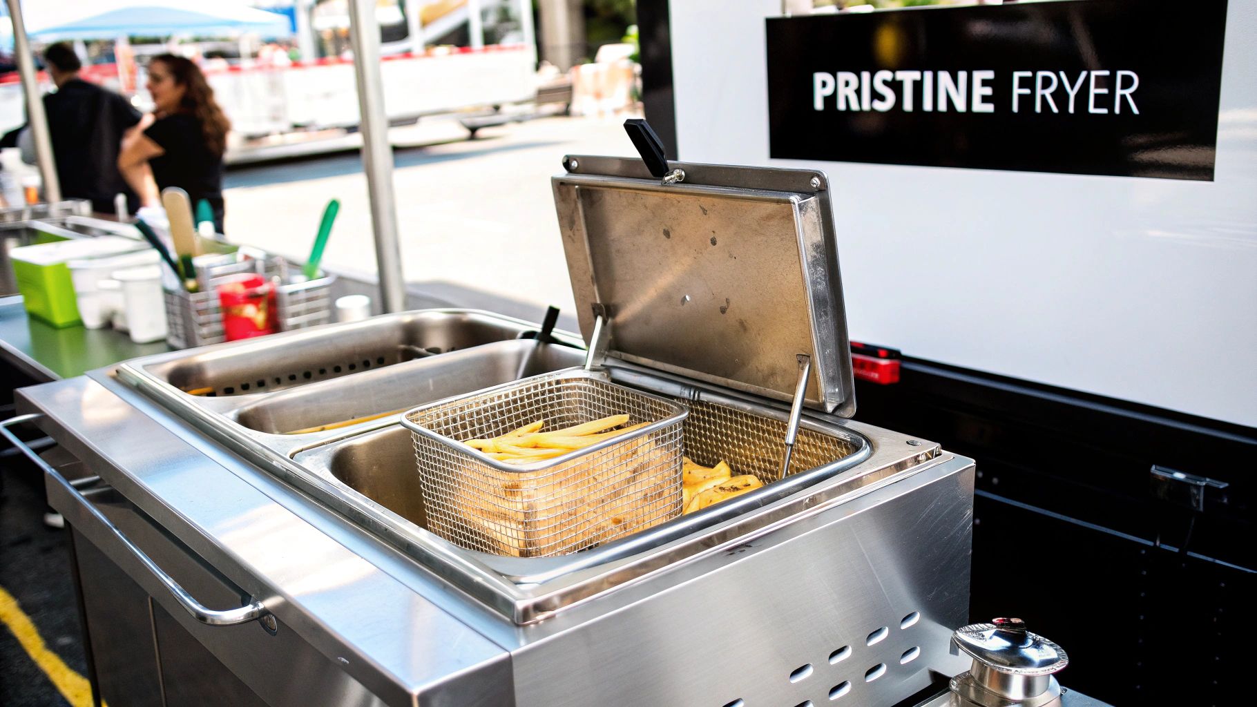A stainless steel commercial deep fryer with French fries cooking inside, at a food service truck.