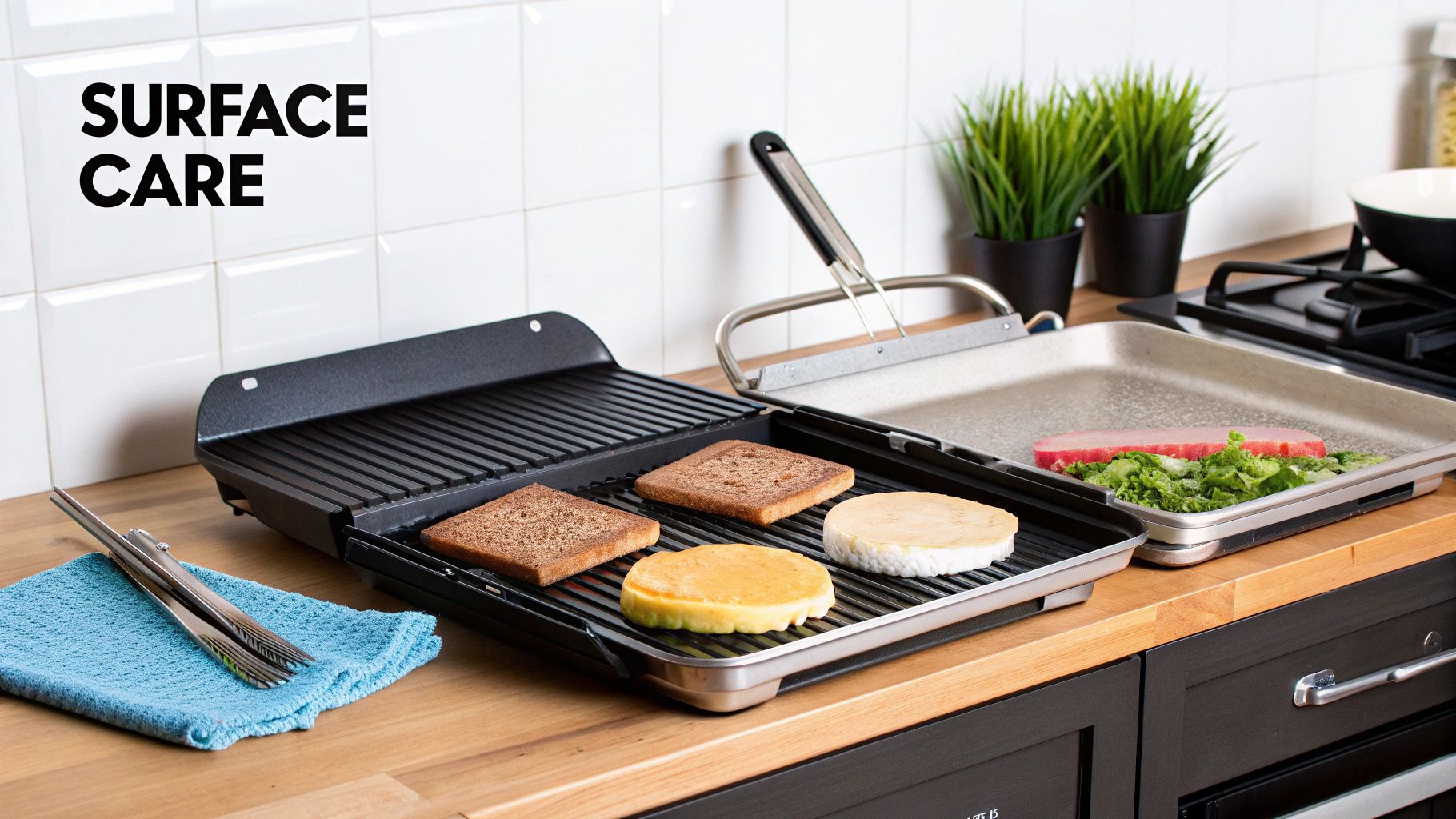 An electric grill and griddle pan on a kitchen counter with food cooking, highlighting surface care.