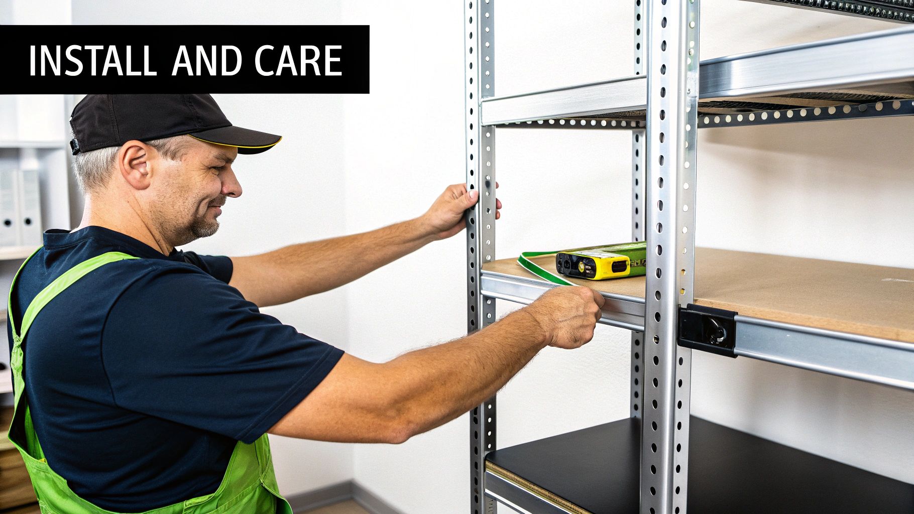 A person wearing gloves wipes down a stainless steel shelf with a soft cloth, showing the proper cleaning technique.