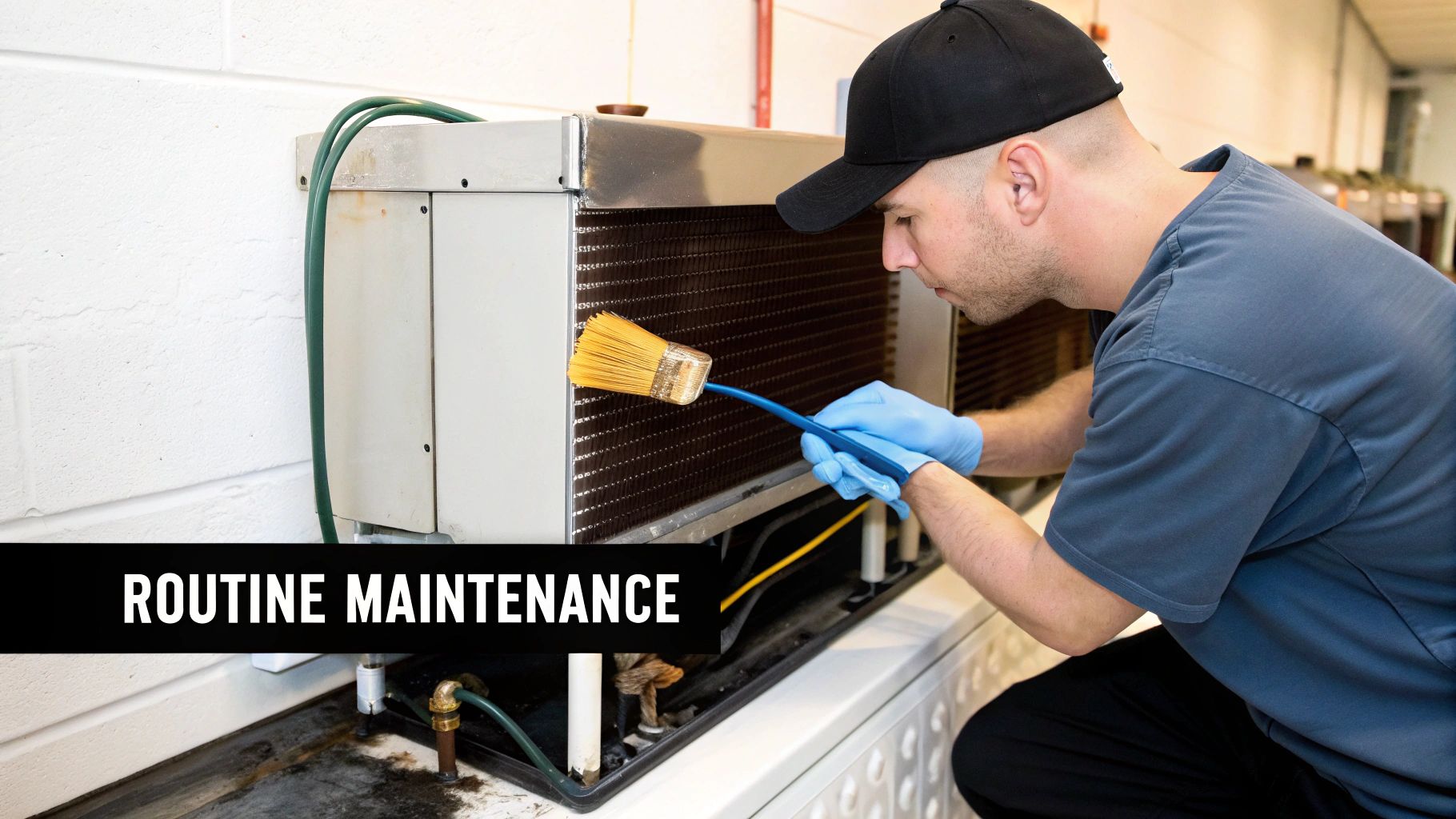 A man in blue gloves and a cap cleans the fins of an industrial cooling unit with a brush.