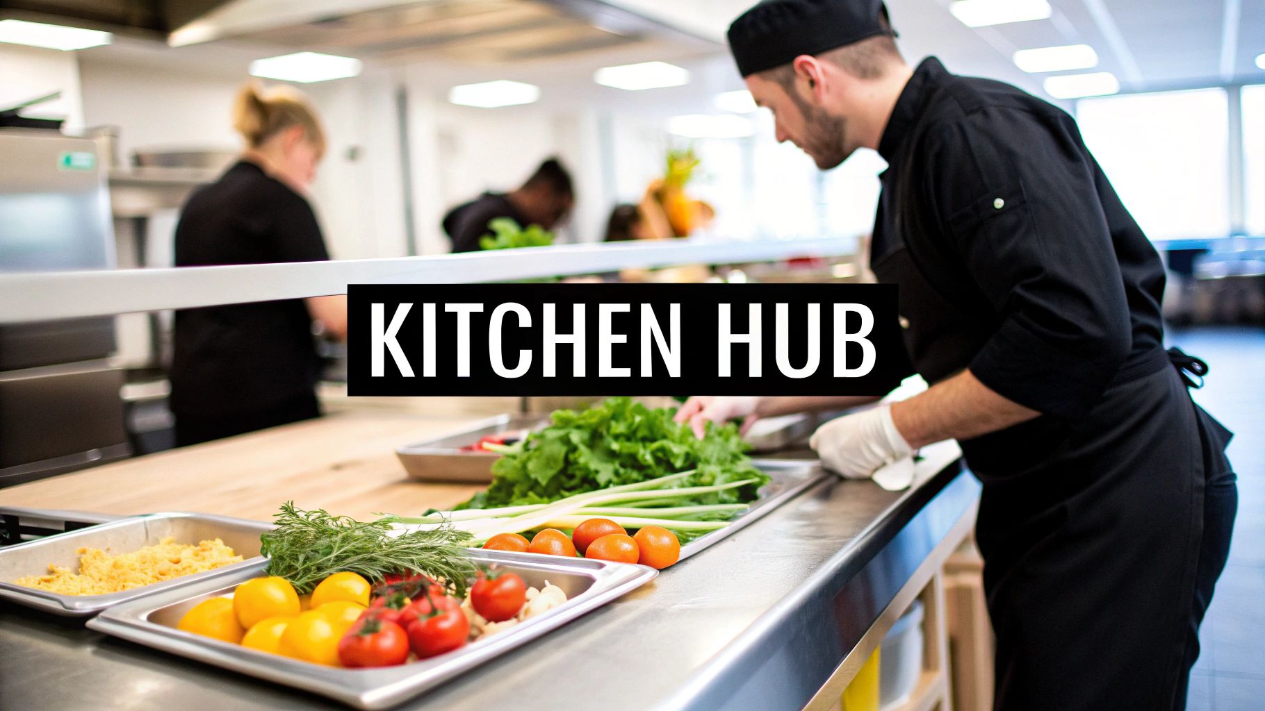 Chefs preparing fresh vegetables on a stainless steel counter in a professional kitchen, featuring KITCHEN HUB text.