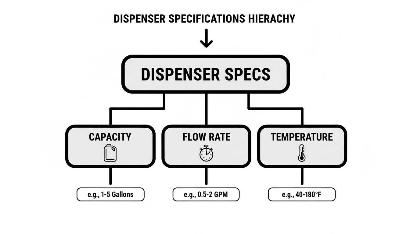 A hierarchy chart illustrating dispenser specifications including capacity, flow rate, and temperature ranges.