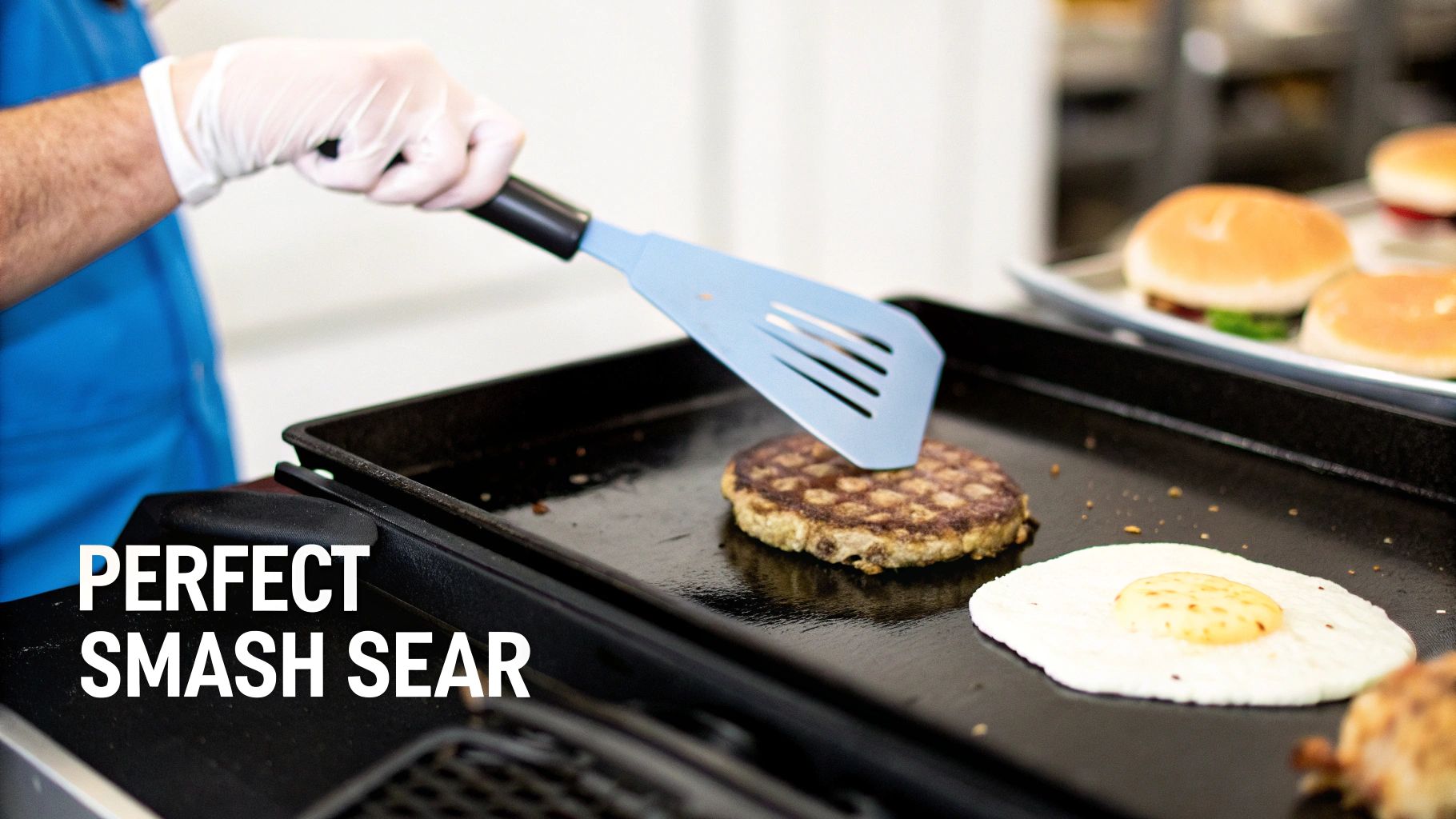 A gloved hand uses a blue spatula to flip a burger patty on a griddle, next to a fried egg and burger buns.