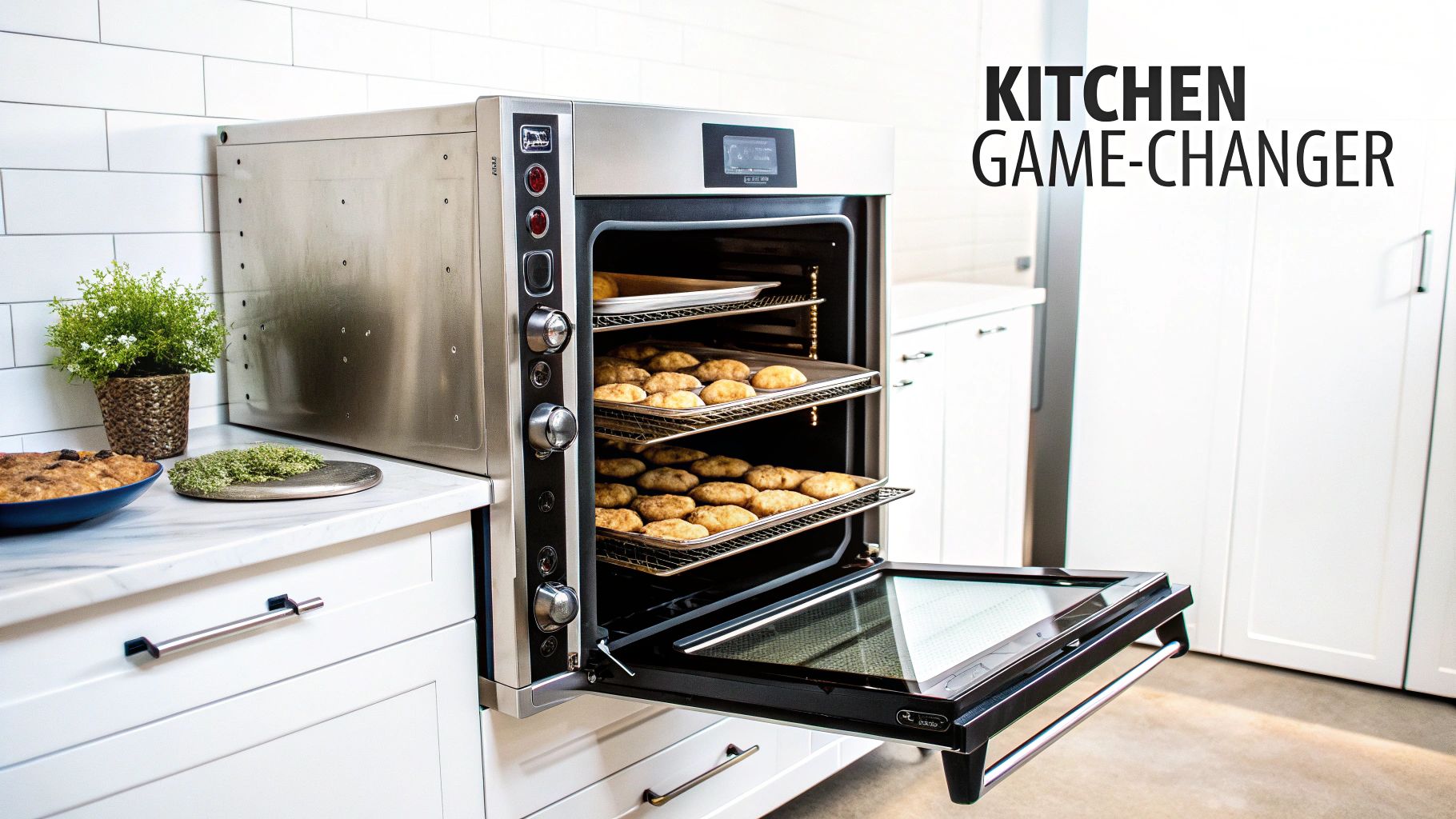 A stainless steel commercial convection oven filled with trays of golden-brown cookies in a modern kitchen.