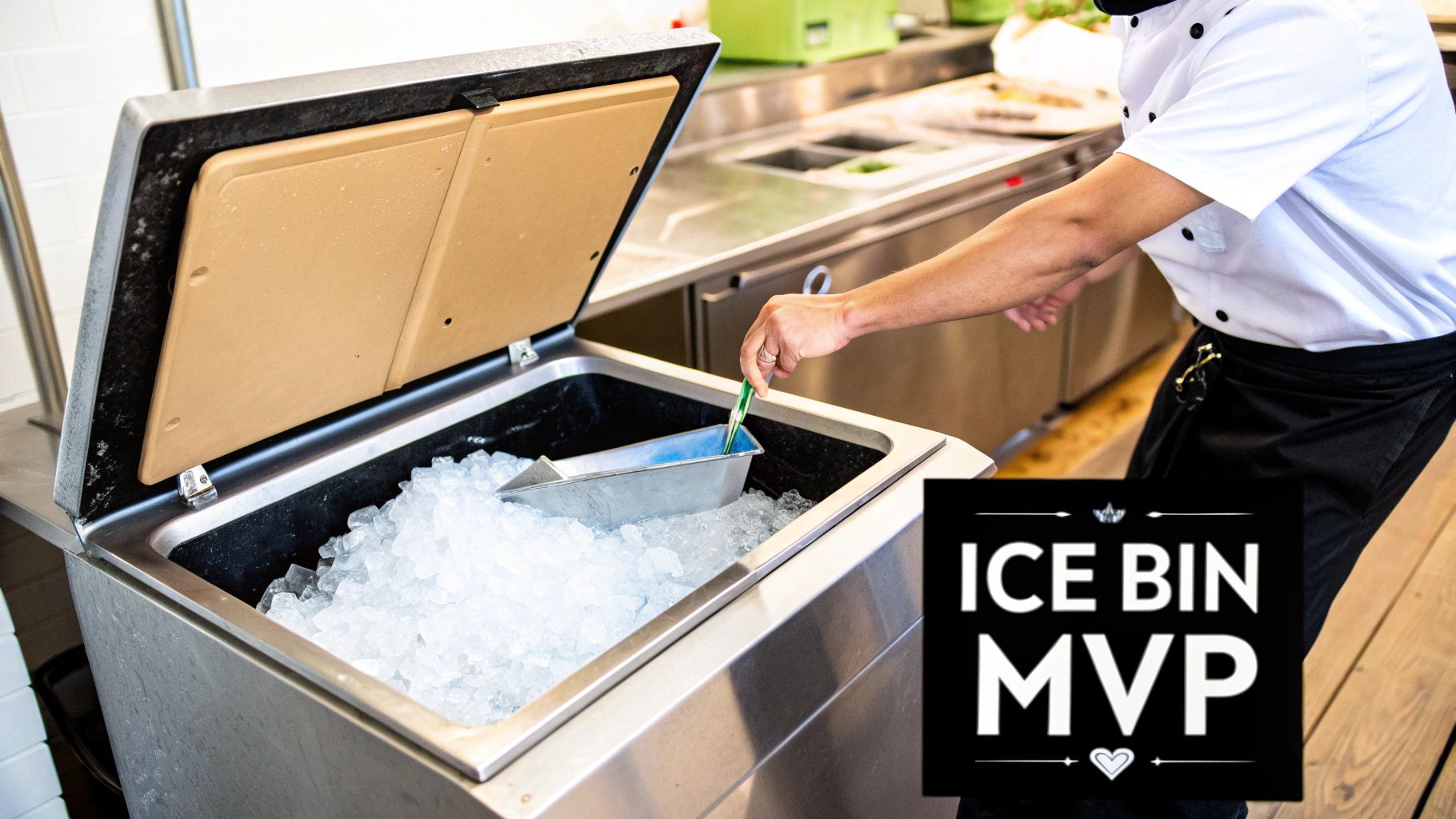 Chef scooping ice from commercial ice storage bin in professional restaurant kitchen