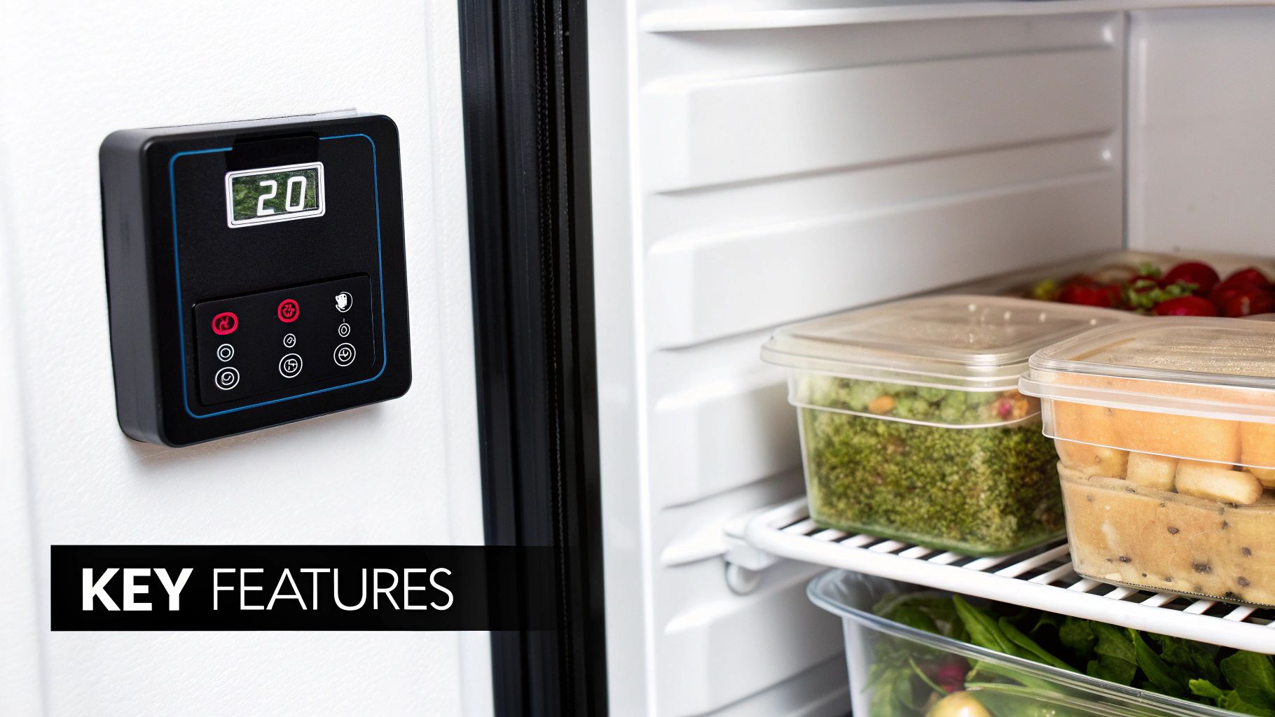 A refrigerator interior showing a digital control panel with '20' displayed, and food containers on shelves.