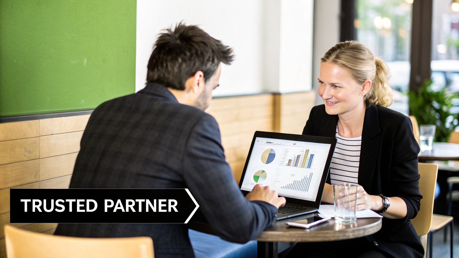 Two business partners discussing data on a laptop in a modern office setting.