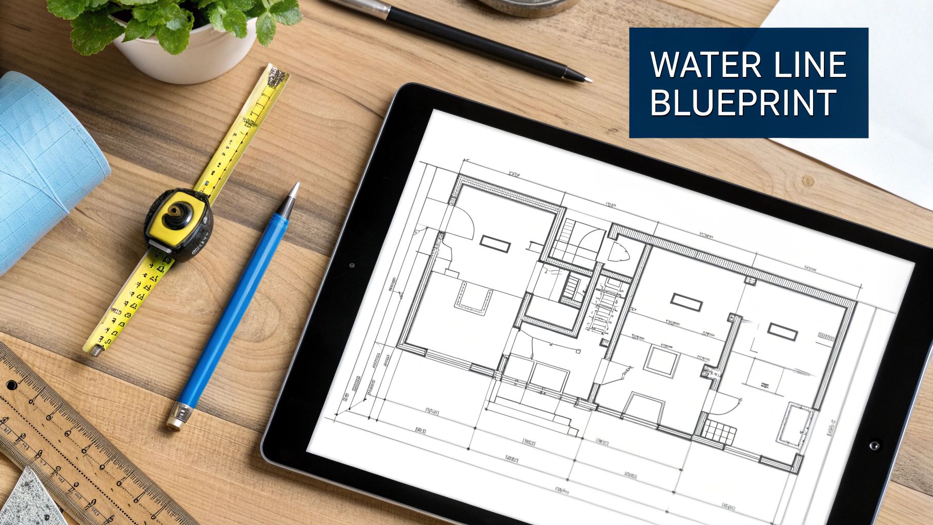 Overhead view of a desk with a tablet showing a blueprint, measuring tools, and a text overlay 'WATER LINE BLUEPRINT'.