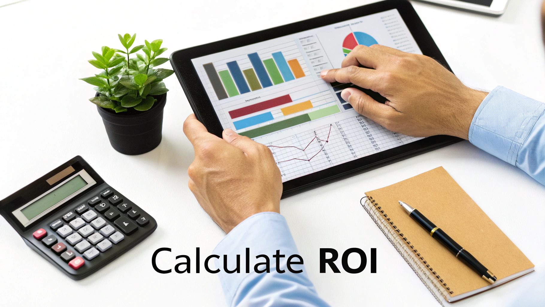 A person analyzing business data and charts on a tablet, with a calculator and notebook on the desk.