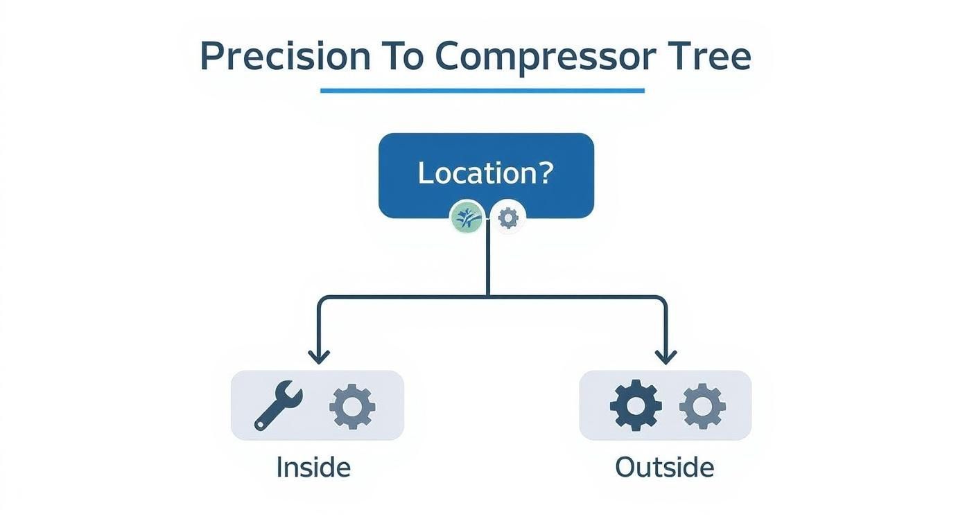 An infographic decision tree helping users choose the right compressor type for their refrigerated prep table based on its location.