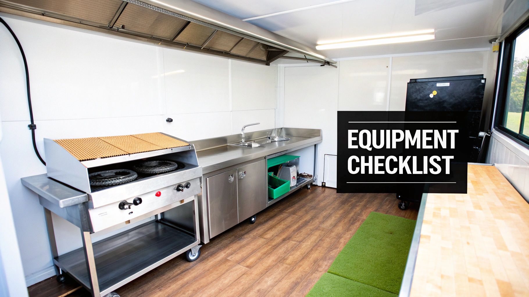 Interior of a well-equipped commercial kitchen, likely a food truck, with stainless steel appliances.