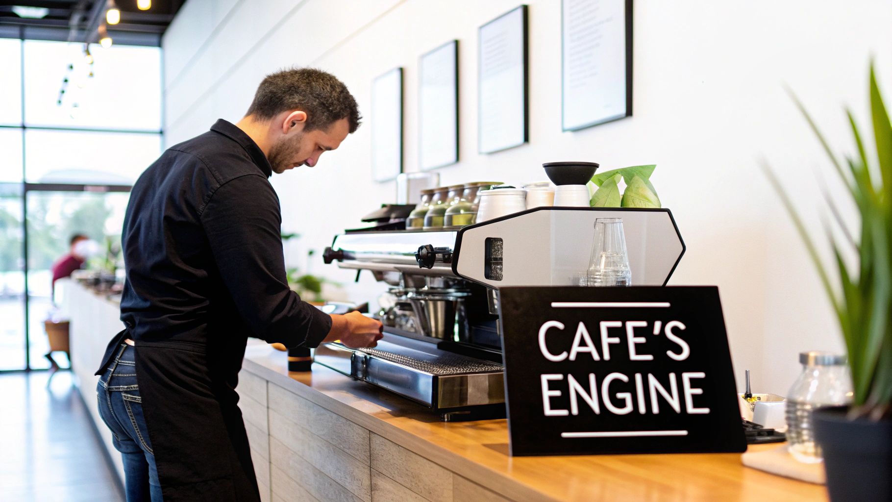 A professional barista using a high-end commercial espresso machine in a modern cafe setting.