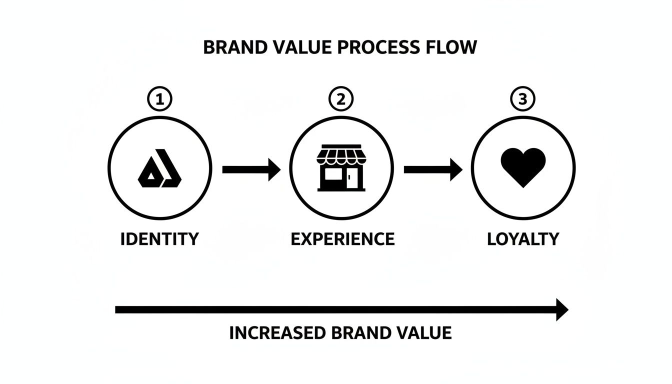 A brand value process flow diagram showing steps from identity to experience to loyalty, leading to increased brand value.