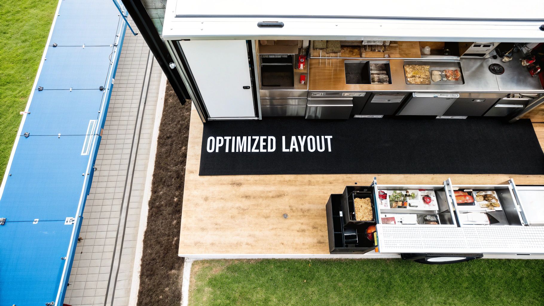 Overhead view of a modern food truck kitchen with an optimized layout, stainless steel equipment, and organized food displays.
