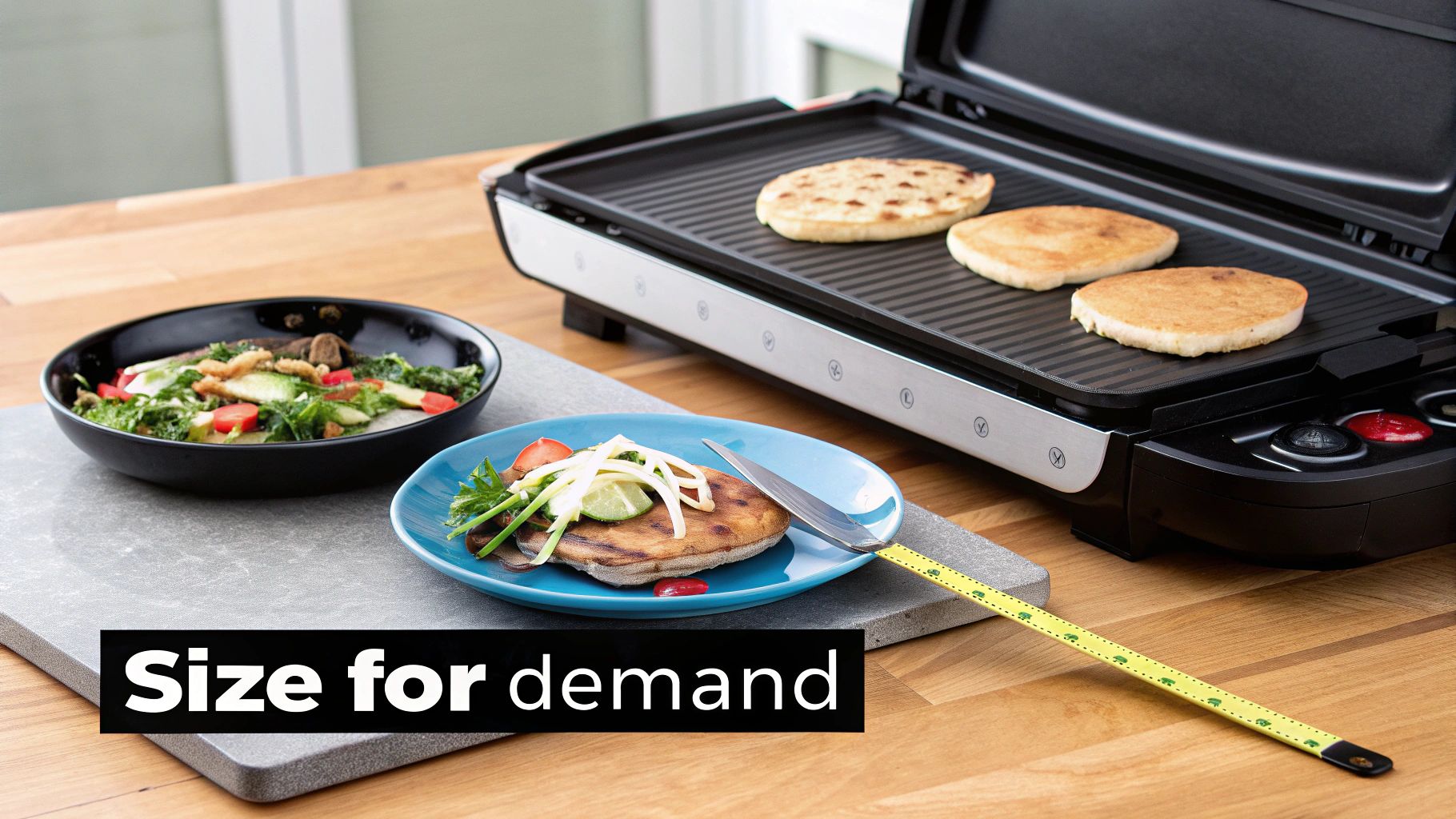 A person cooking multiple burgers on a large commercial griddle, showcasing its capacity.
