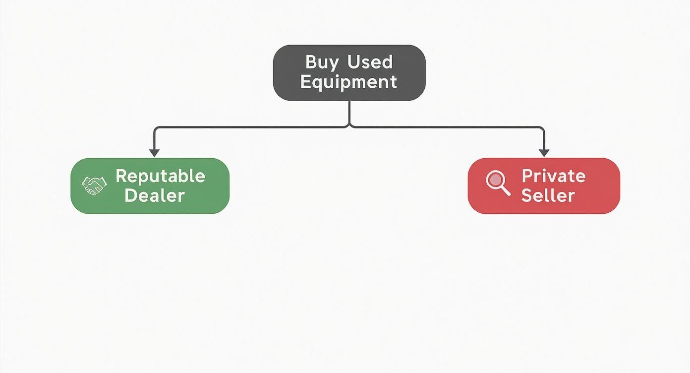 Flowchart outlining two options for buying used equipment: a reputable dealer or a private seller.