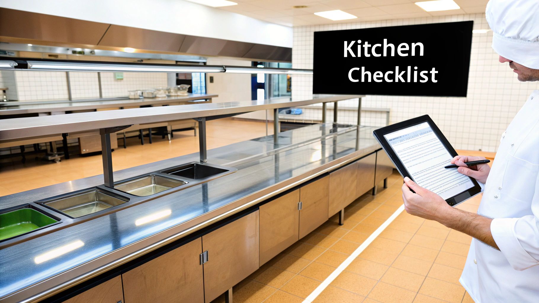 A chef in a modern commercial kitchen reviews a "Kitchen Checklist" on a digital tablet.