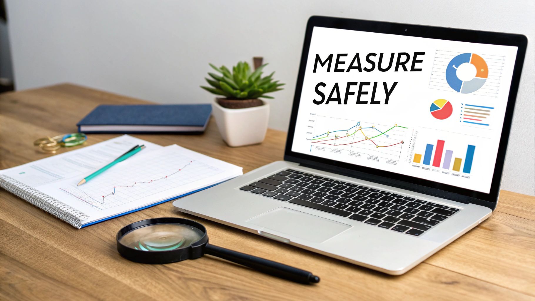 A laptop displaying "MEASURE SAFELY" and data charts on a wooden desk with office supplies.