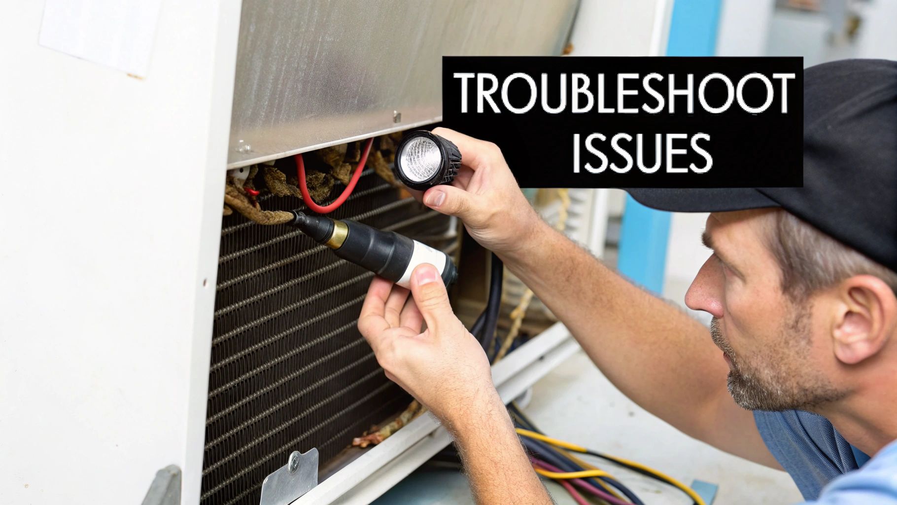 A technician uses a multimeter to test the internal components of a commercial ice maker.