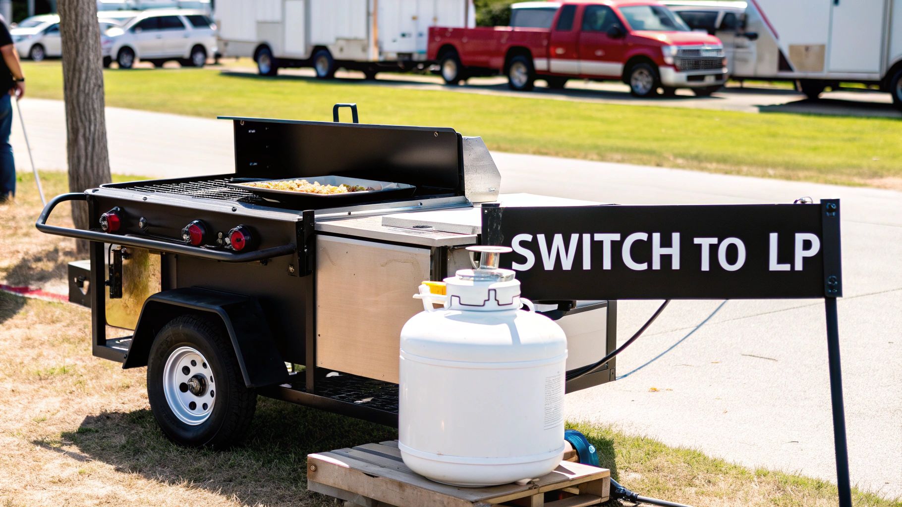 A black mobile BBQ grill with food cooking, a white propane tank, and a "SWITCH TO LP" sign.