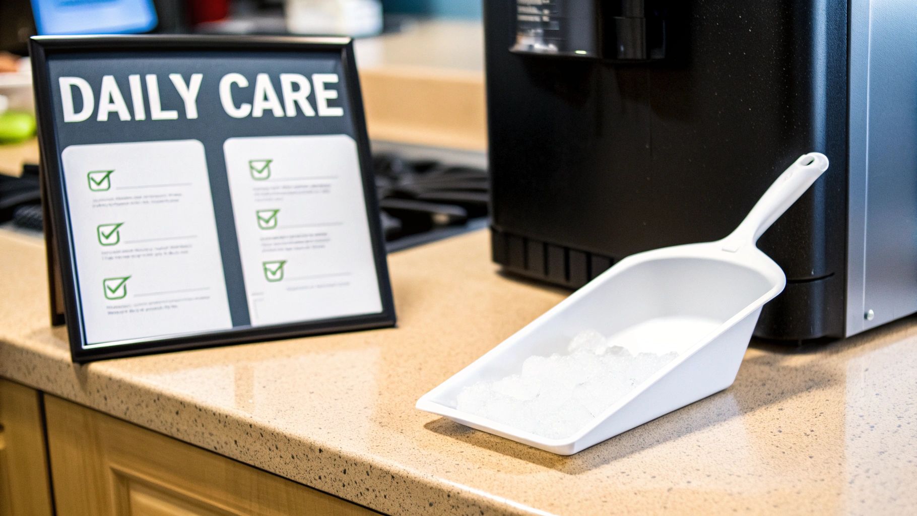 A detailed view of an ice machine area with a 'Daily Care' sign and a white scoop holding ice on a speckled countertop.
