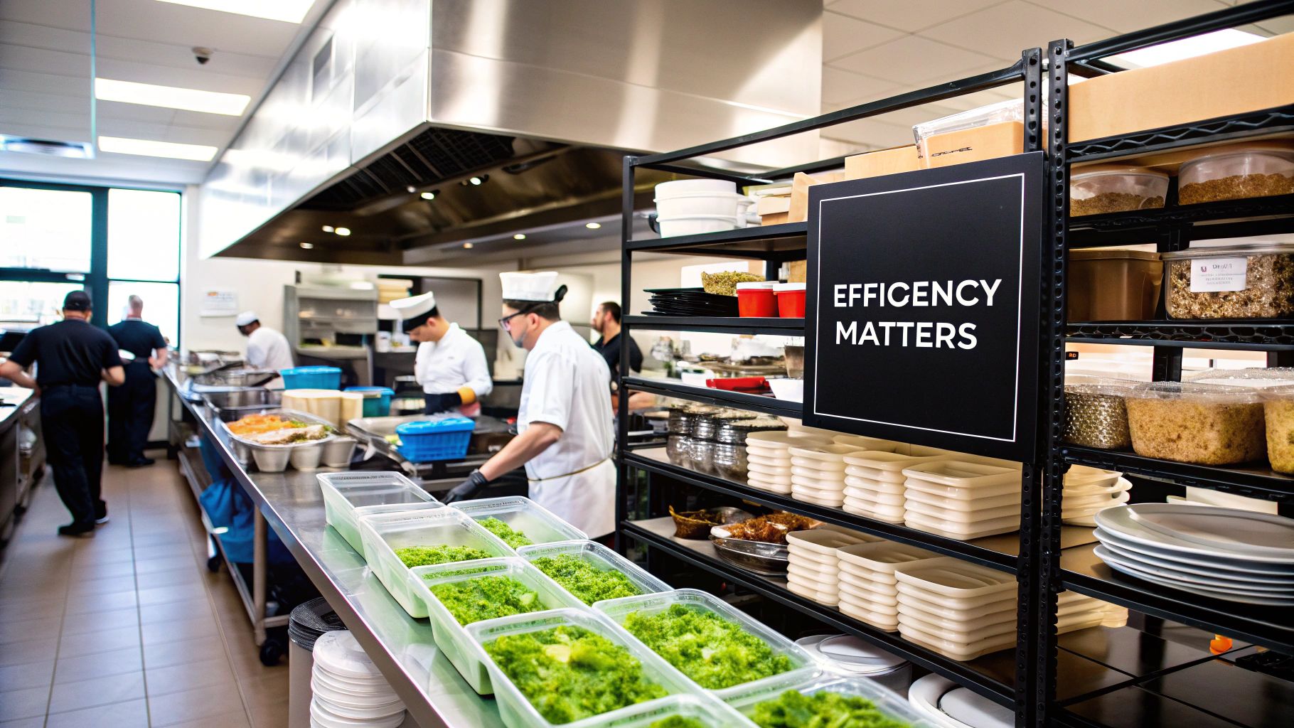 A well-organized commercial kitchen with stainless steel shelves and clear storage containers.