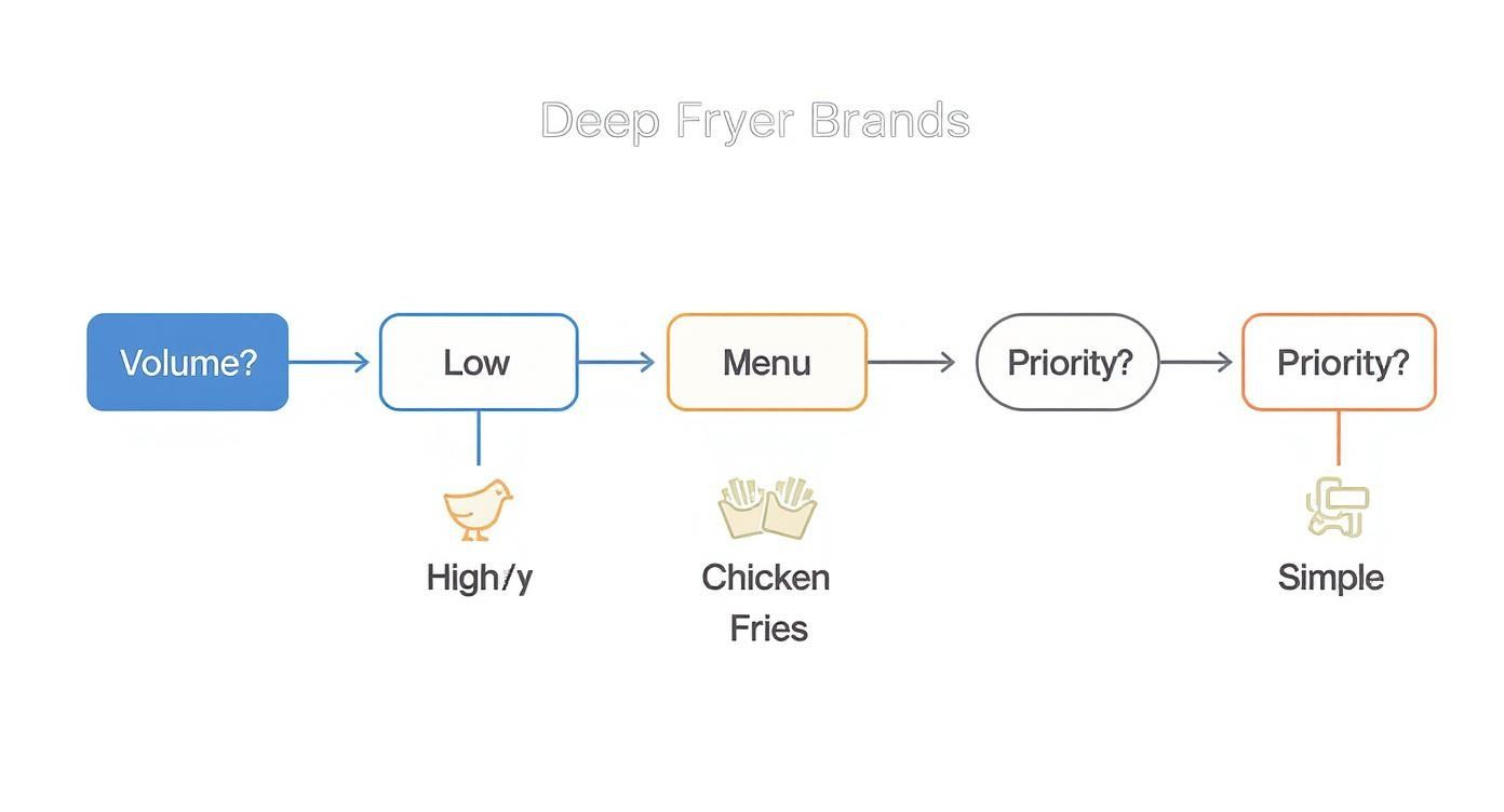 Decision flowchart for selecting deep fryer brands based on volume, menu type, and priorities