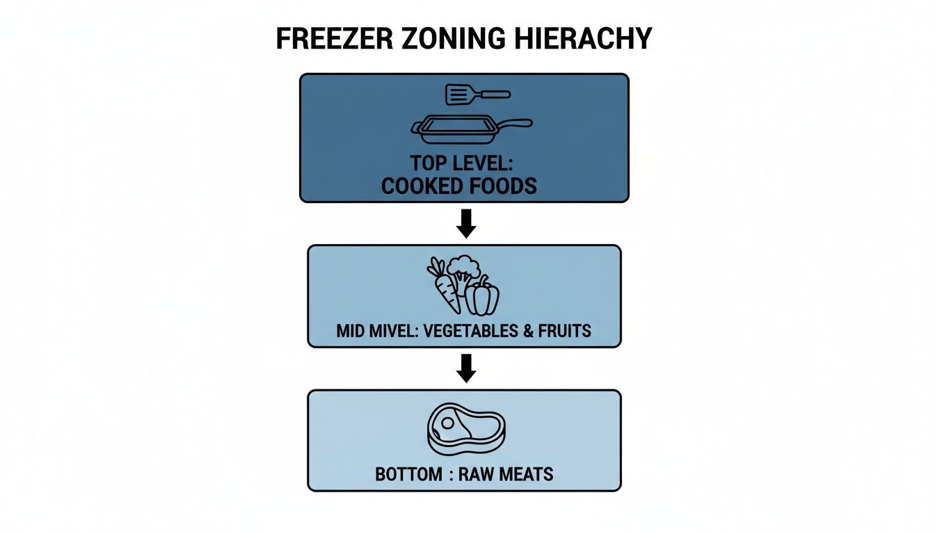 Diagram showing a freezer zoning hierarchy for food storage: cooked foods, vegetables, fruits, and raw meats.
