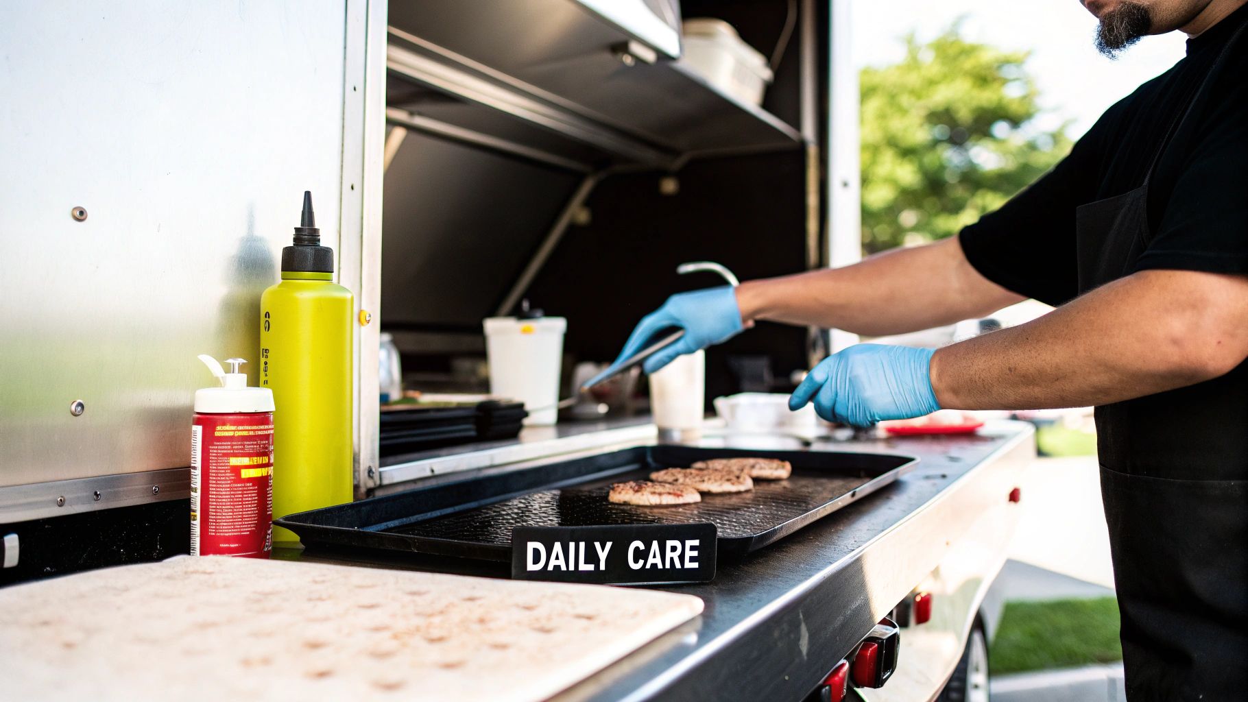 A chef in blue gloves cooks meat patties on a griddle inside a food truck.