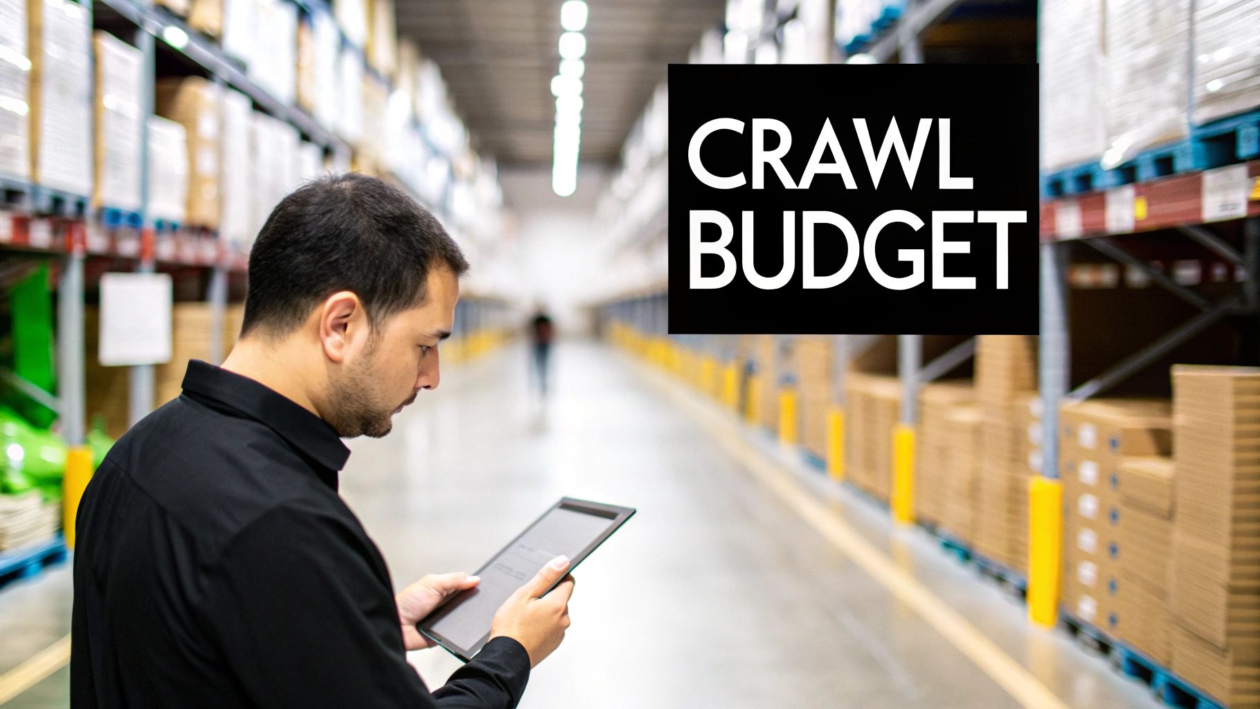 A man checks inventory on a tablet in a large warehouse, with a 'CRAWL BUDGET' text overlay.