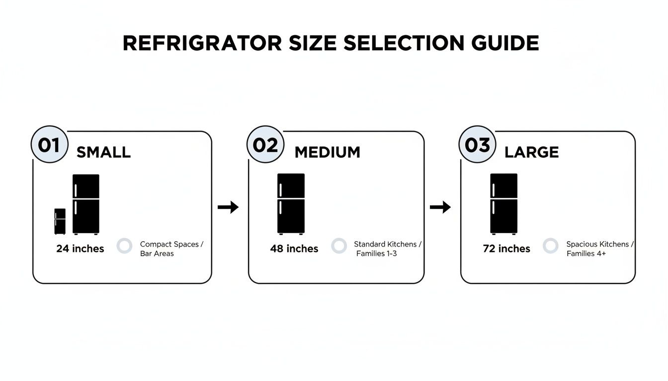 Infographic guide illustrating small, medium, and large refrigerator sizes with corresponding dimensions and family recommendations.