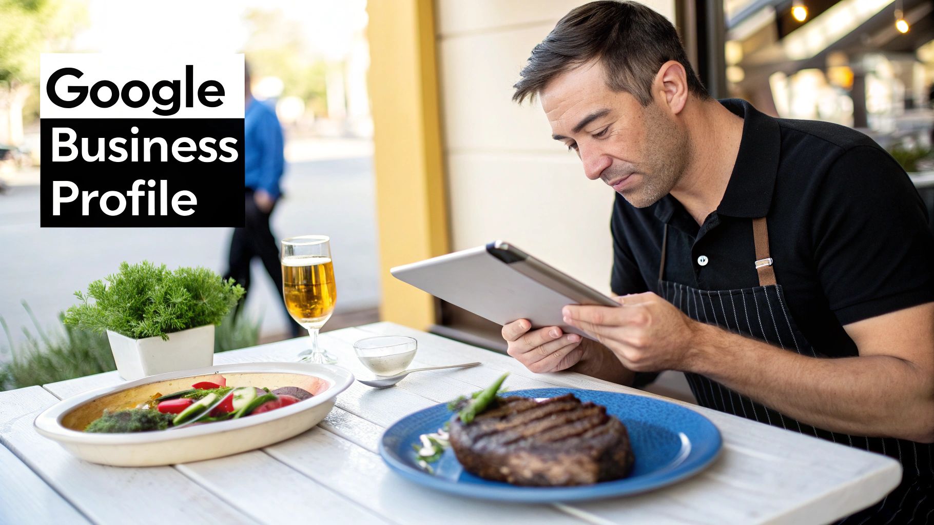 A restaurant owner manages his Google Business Profile on a tablet at an outdoor cafe.