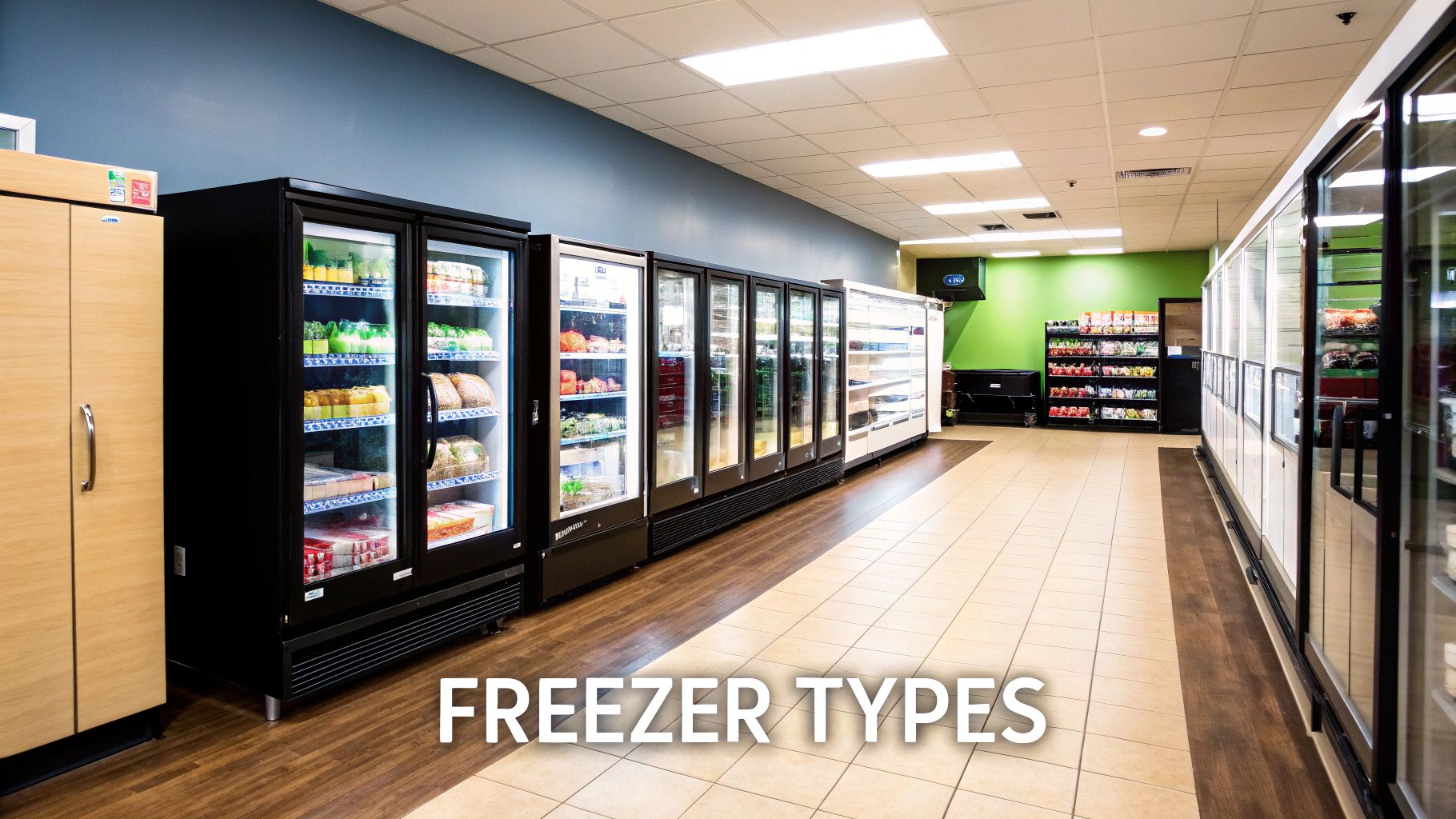 A long row of various commercial retail freezers filled with food and drinks in a store.