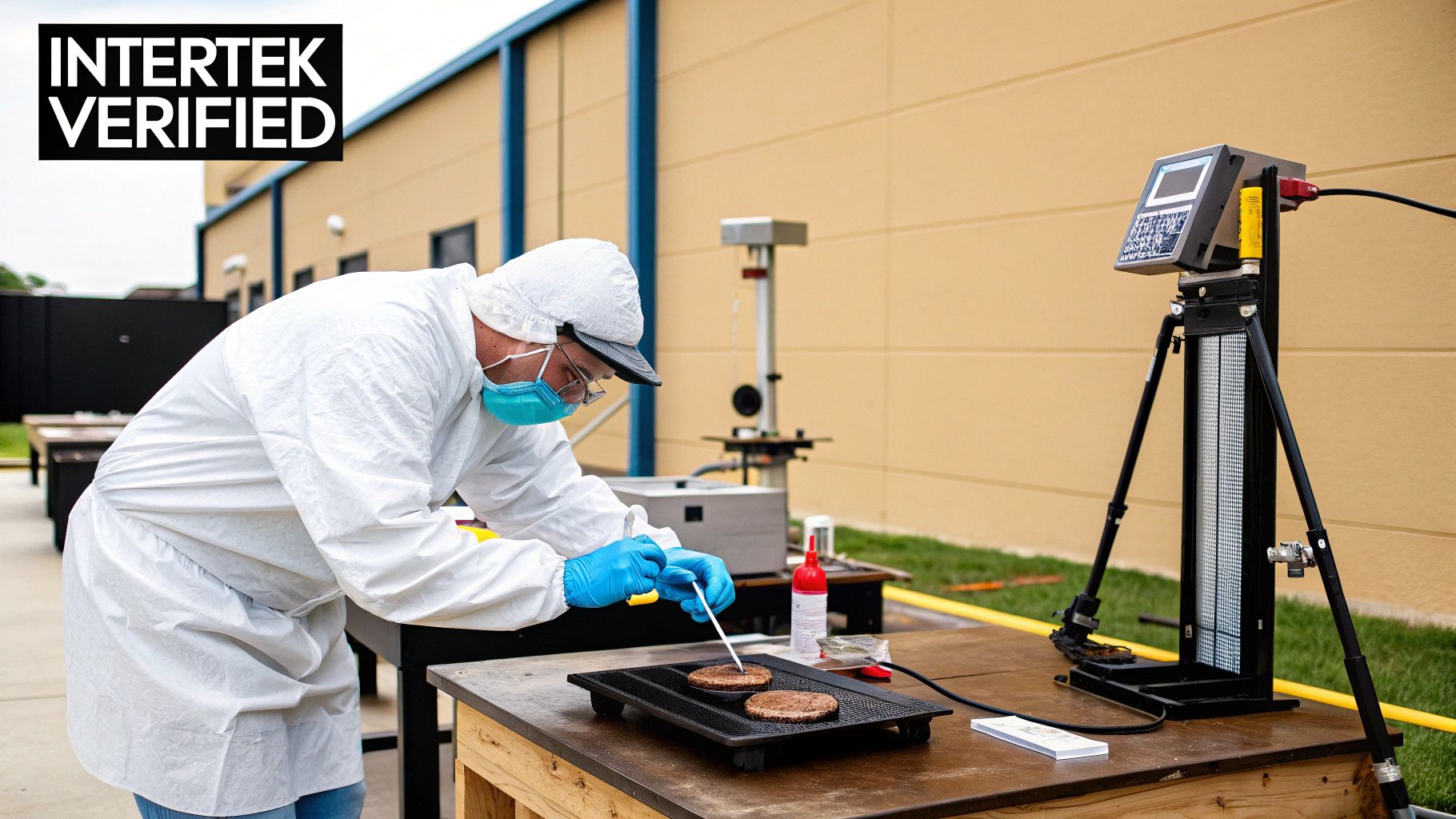 A person in a protective suit and mask tests cooking burger patties with a thermometer outdoors.